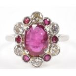 FRENCH PLATINUM, RUBY & DIAMOND CLUSTER RING