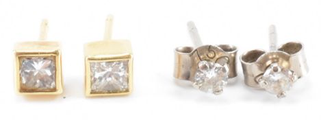 TWO PAIR OF GOLD & DIAMOND STUD EARRINGS