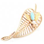 FRENCH 18CT GOLD TURQUOISE & PEARL LEAF BROOCH