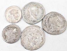 COLLECITON OF FIVE ROMAN IMPERIAL AND REPUBLIC SILVER COINS