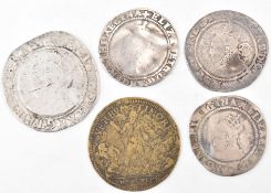 COLLECTION OF FOUR ELIZABETHAN SILVER COINS TOGETHER WITH ANOTHER