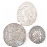 COLLECTION OF THREE ROMAN IMPERIAL SILVER AND OTHER COINS