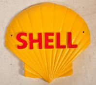 A VINTAGE STYLE CAST IRON YELLOW & RED SHELL LOGO SIGN