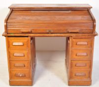 1920S TAMBOUR FRONTED OAK ROLL TOP TWIN PEDESTAL DESK