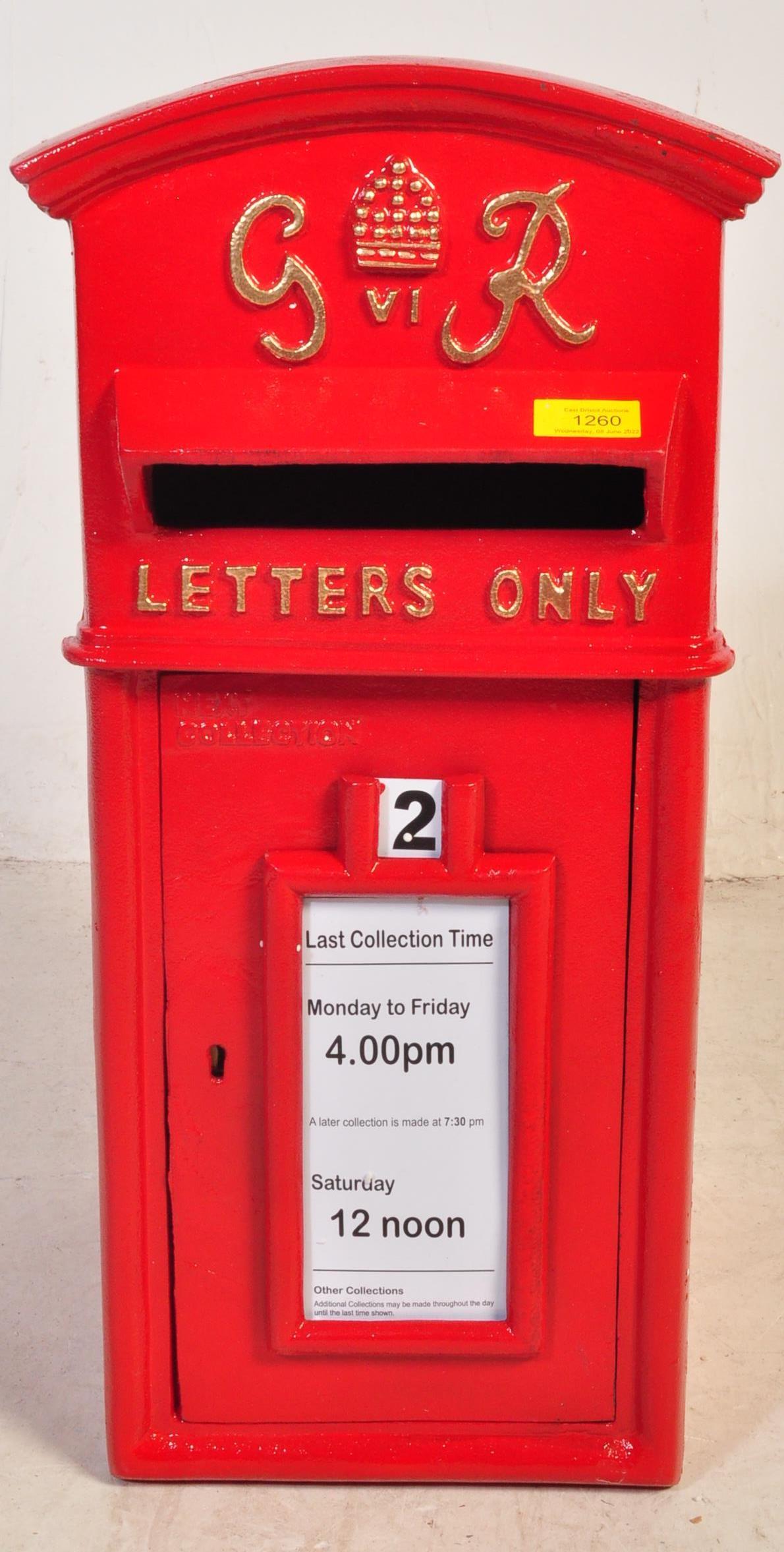 A VINTAGE STYLE CAST IRON RED LETTER BOX - GEORGE VI STYLE