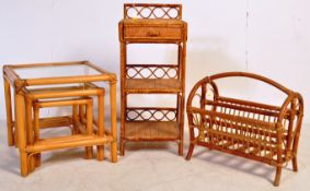 MID CENTURY BAMBOO CANE - NEST OF TABLES - MAGAZINE RACK