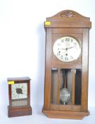 20TH CENTURY OAK WALL CASE CLOCK TOGETHER WITH ANOTHER