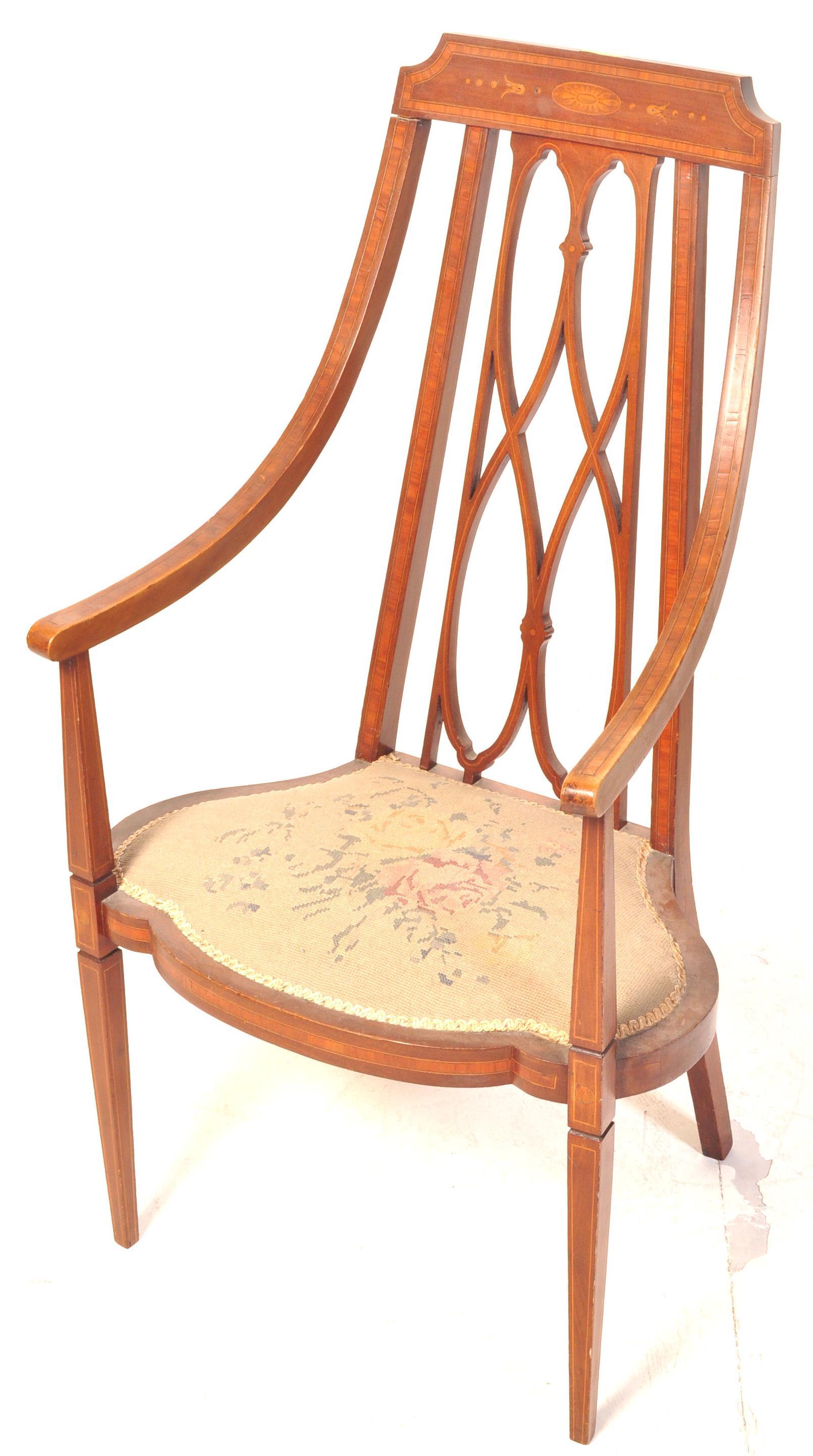 EDWARDIAN ARTS AND CRAFTS MAHOGANY INLAID ARMCHAIR - Image 2 of 8