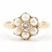 HALLMRKED 9CT GOLD CULTURED PEARL & DIAMOND RING