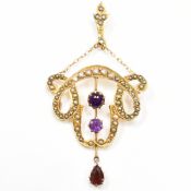 ART NOUVEAU GOLD AMETHYST & SEEDPEARL PENDANT