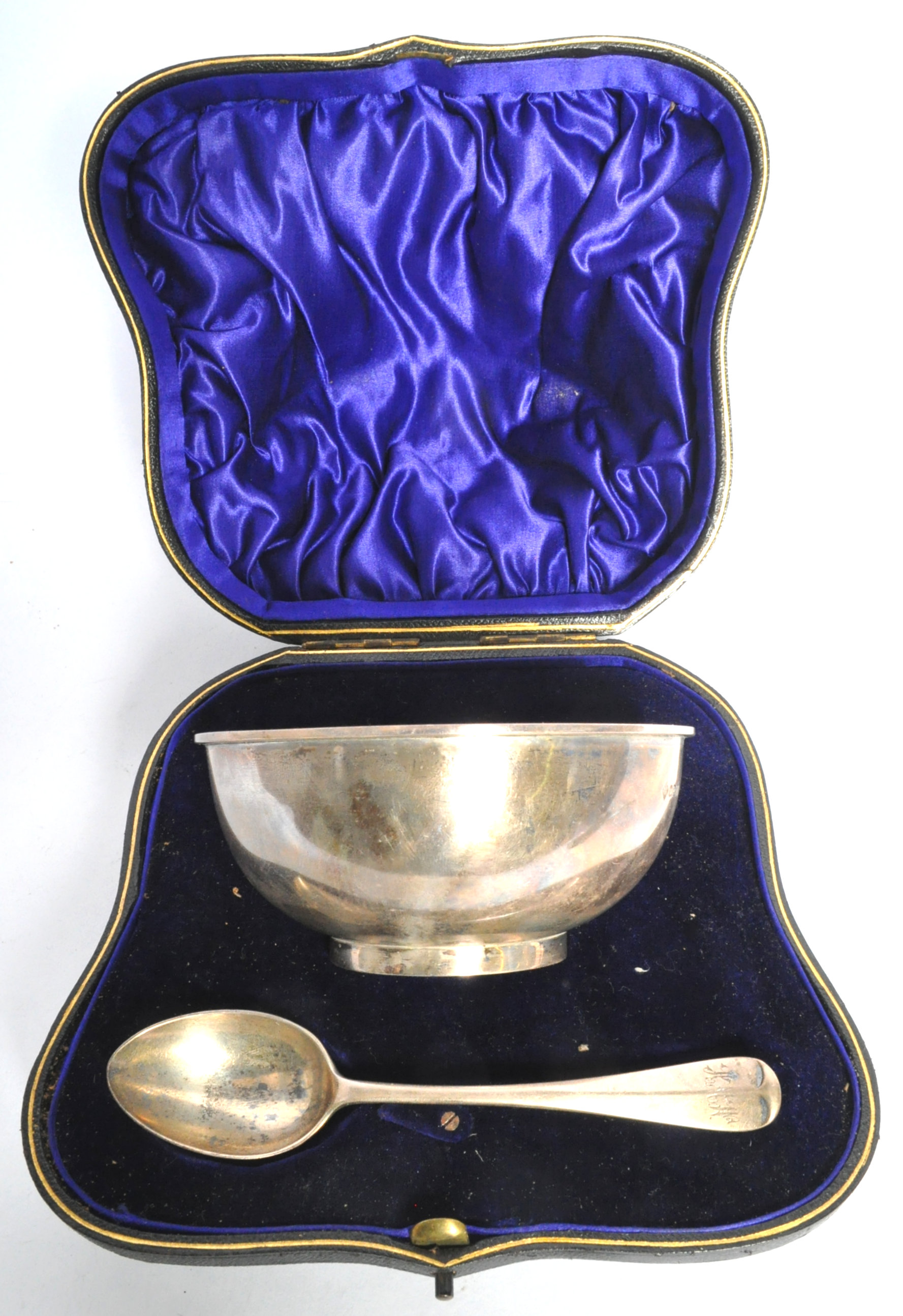 SILVER HALLMARKED CASED CHRISTENING BOWL & SPOON SET