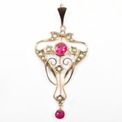 EDWARDIAN ART NOUVEAU 9CT GOLD RUBY & SEED PEARL PENDANT