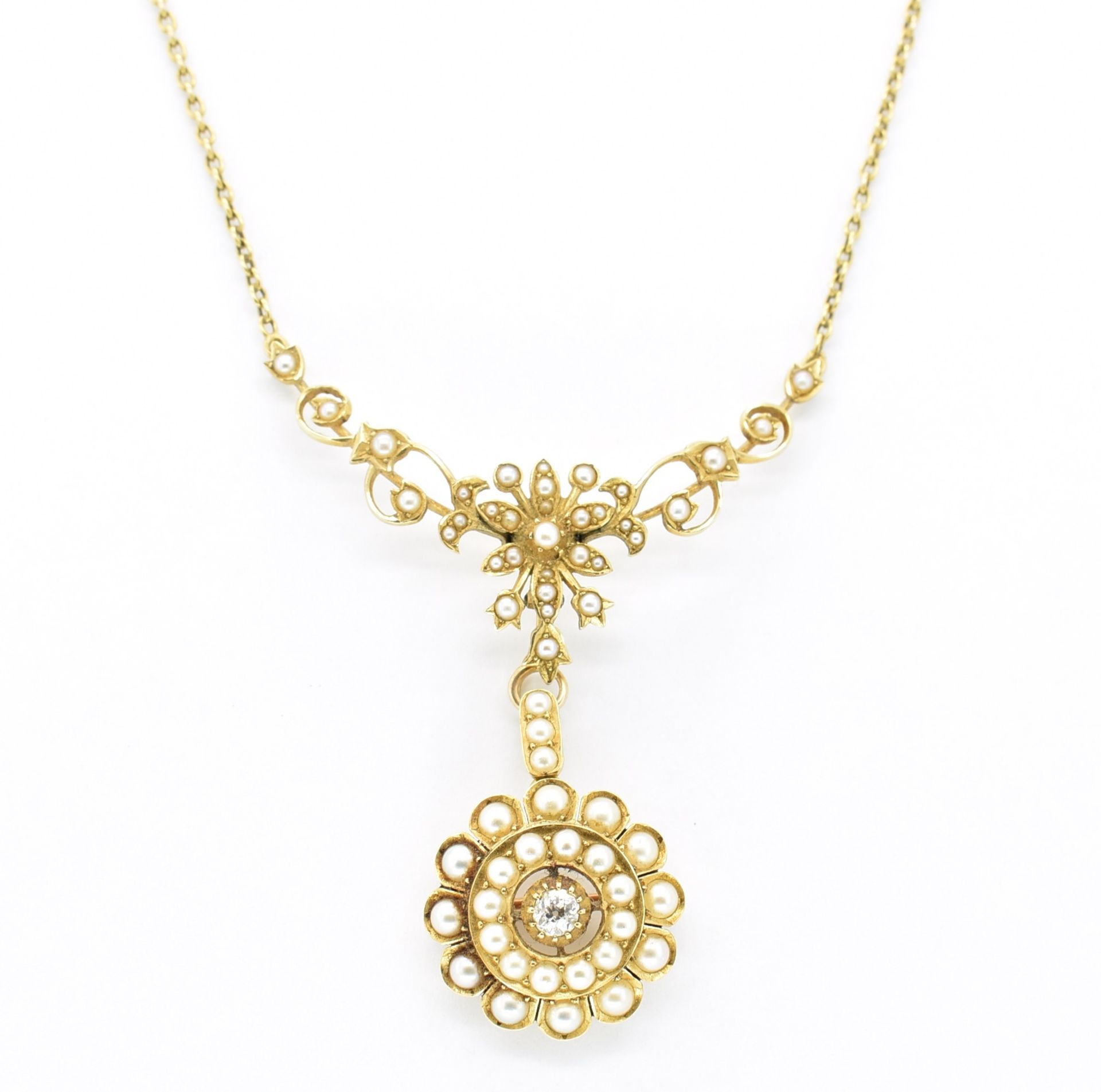 15CT GOLD PEARL & DIAMOND SWAG PENDANT NECKLACE