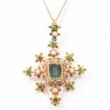 ANTIQUE TOURMALINE & DEMANTOID GARNET PEARL PENDANT NECKLACE