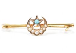 15CT GOLD TURQUOISE AND SEED PEARL BAR BROOCH