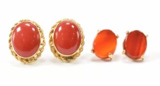 TWO PAIRS OF GOLD EARRINGS - CORAL & CARNELIAN