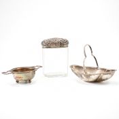 SILVER HALLMARKED BASKET, TEA STRAINER & DRESSING TABLE POT