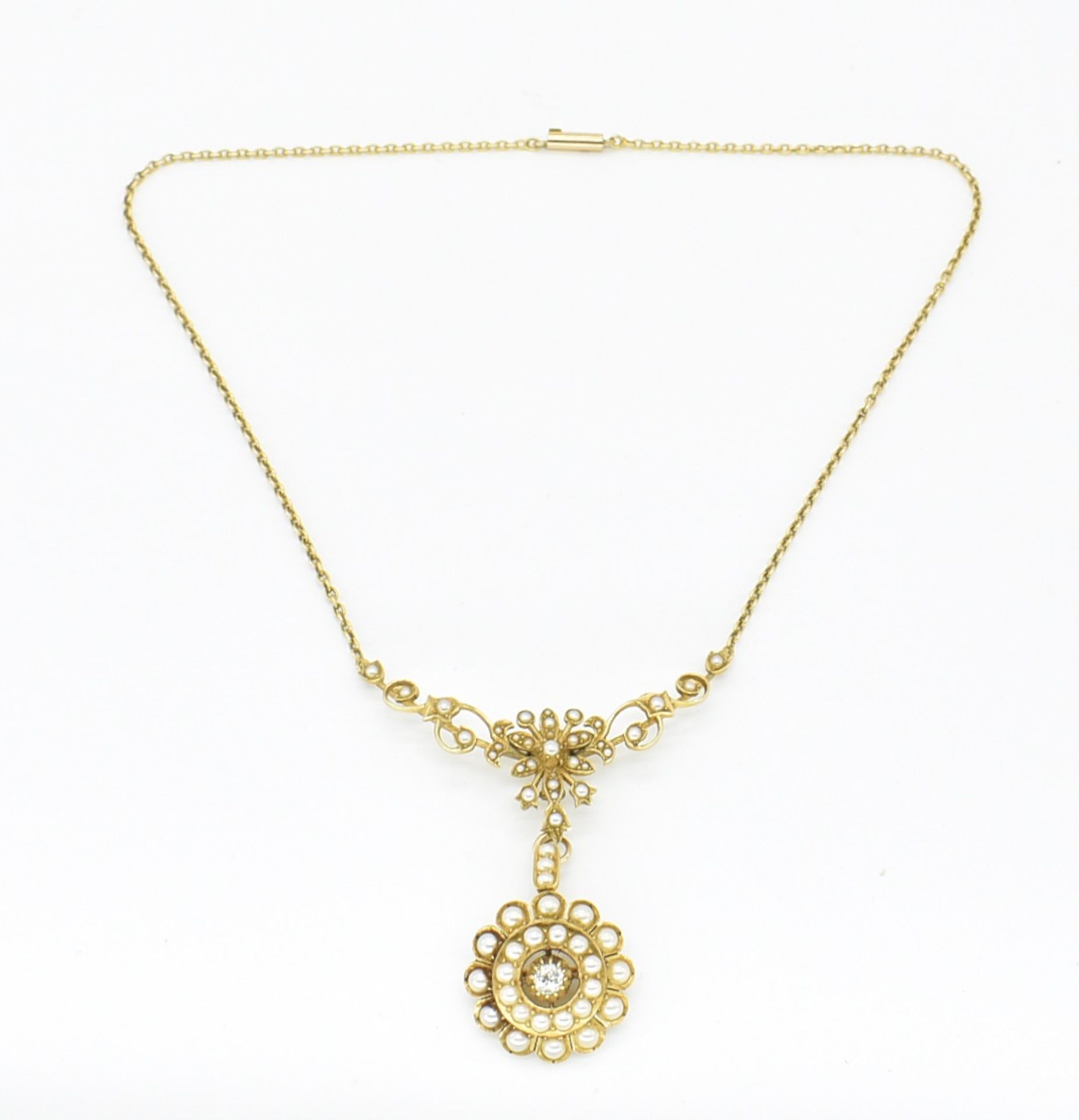 15CT GOLD PEARL & DIAMOND SWAG PENDANT NECKLACE - Image 5 of 8