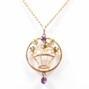 EDWARDIAN 9CT GOLD SUFFRAGETTE AMETHYST, PERIDOT & PEARL PENDANT NECKLACE