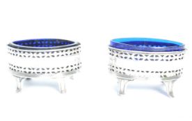 PAIR OF 19TH CENTURY SILVER TABLE SALTS - BLUE GLASS LINERS