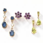 THREE PAIRS OF GOLD STONE SET STUD & DROP EARRINGS