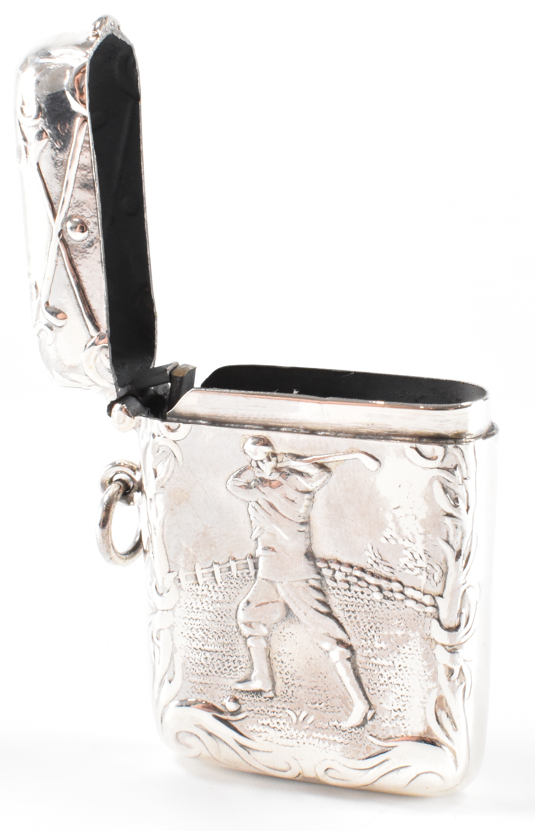 A SILVER VESTA CASE WITH GOLFING EMBOSSED DECORATIONS - Image 3 of 4