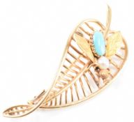 FRENCH 18CT GOLD TURQUOISE & PEARL LEAF BROOCH