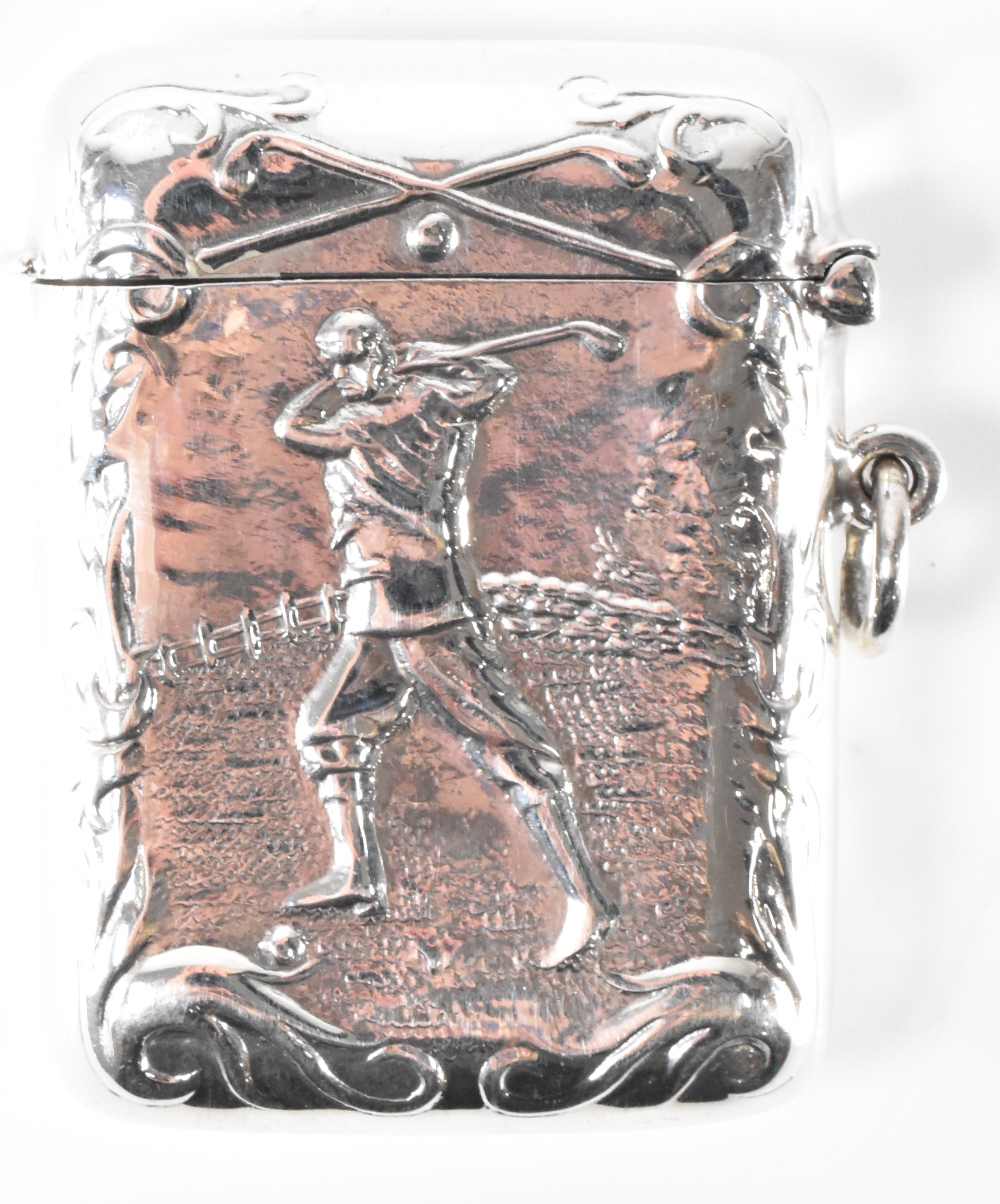 A SILVER VESTA CASE WITH GOLFING EMBOSSED DECORATIONS - Image 2 of 4