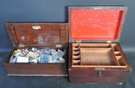 TWO 1920S MAHOGANY SEWING BOXES ON STAND