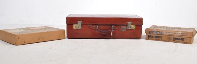VINTAGE LEATHER SUITCASE WITH ANOTHER & ADVERTSING BOXES