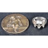 MEMENTO MORI - 19TH CENTURY CHERUB & SKULL PLAQUE WITH RING