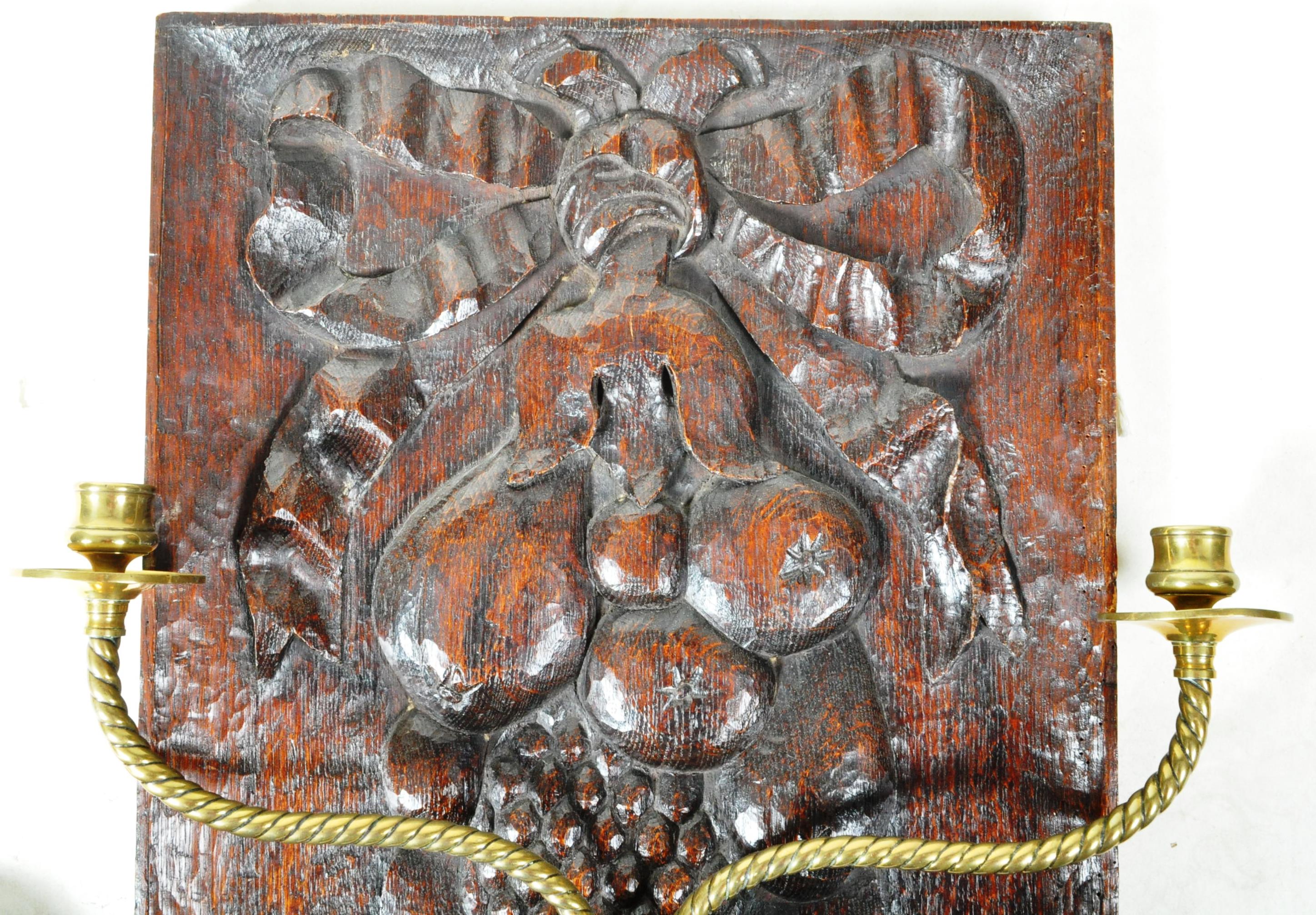 19TH CENTURY CARVED WOODEN PANEL WITH BRASS CANDLE SCONCES - Image 4 of 5