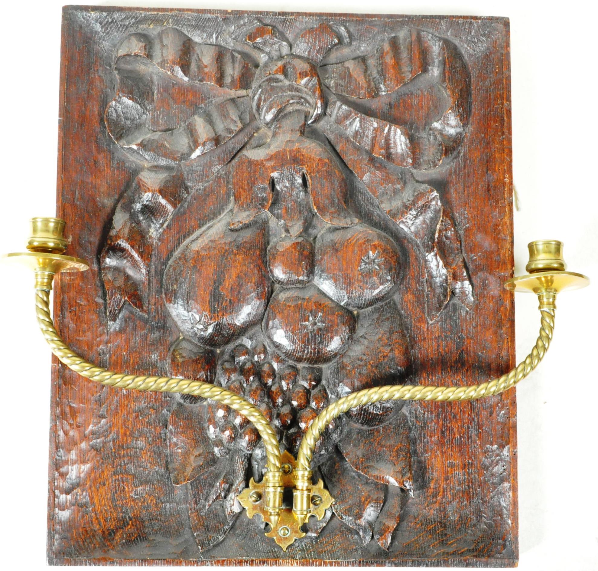 19TH CENTURY CARVED WOODEN PANEL WITH BRASS CANDLE SCONCES - Image 2 of 5