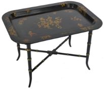 EARLY 20TH CENTURY 1930'S BLACK LACQUERED TRAY ON STAND