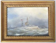 W W CHAMP - OIL ON BOARD OF THE FLAGSHIP HMS BARHAM