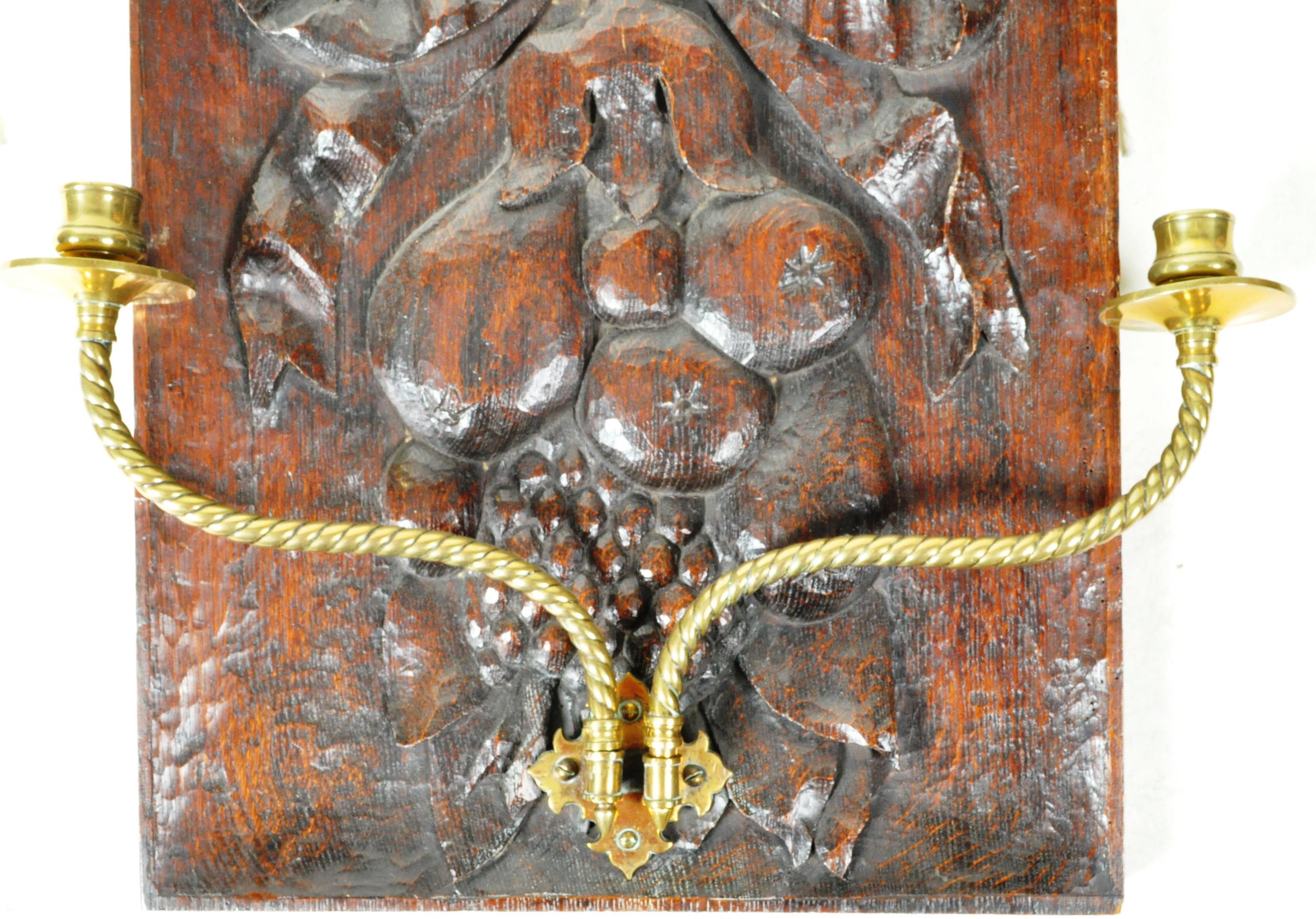 19TH CENTURY CARVED WOODEN PANEL WITH BRASS CANDLE SCONCES - Image 3 of 5
