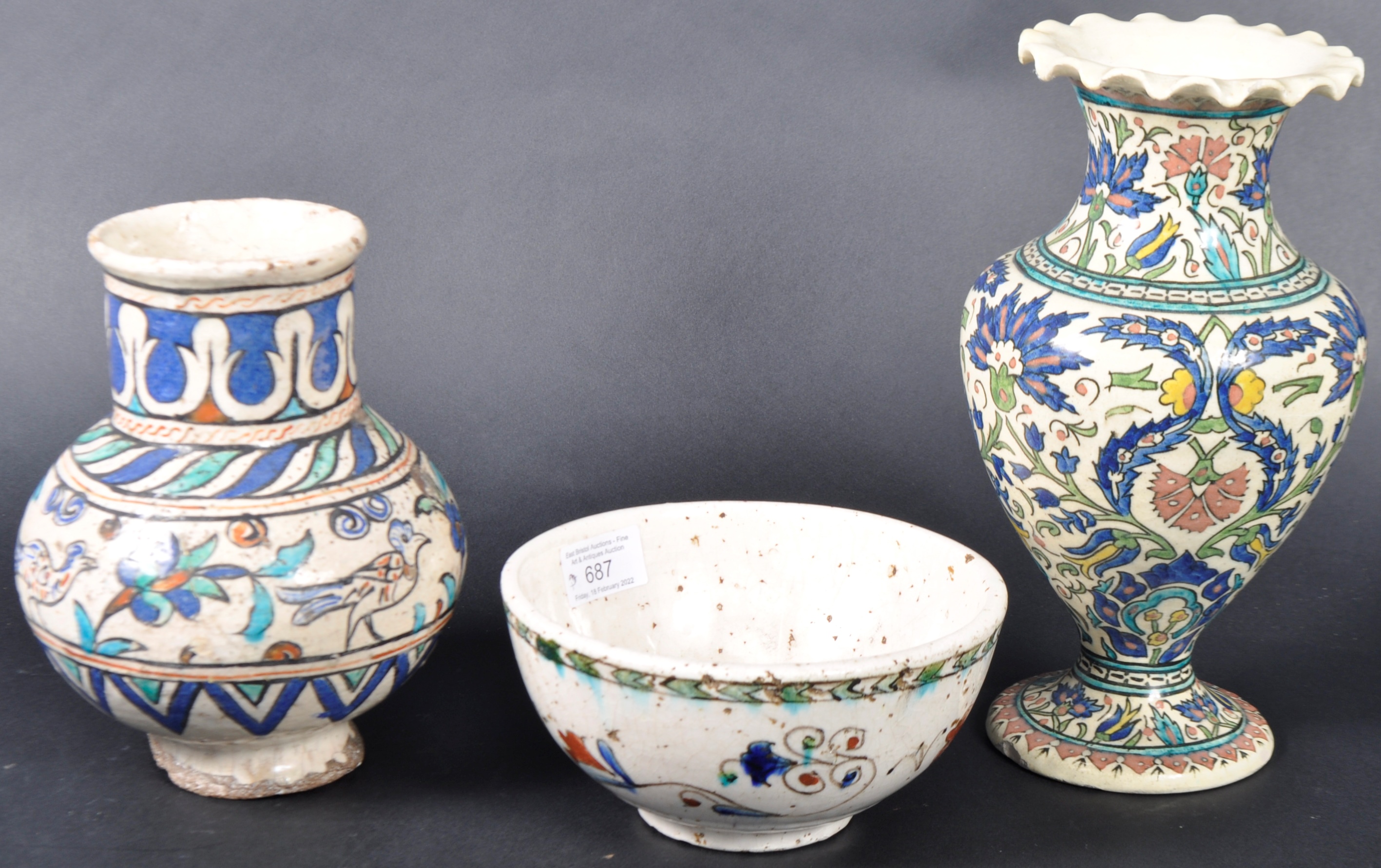 THREE 19TH CENTURY MIDDLE EASTERN IZNIK POTTERY ITEMS - Image 6 of 7