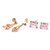 PAIR OF 9CT GOLD & PINK STONE DROP EARRINGS & SILVER CZ STUDS