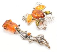 TWO 925 SILVER & AMBER BROOCH PINS
