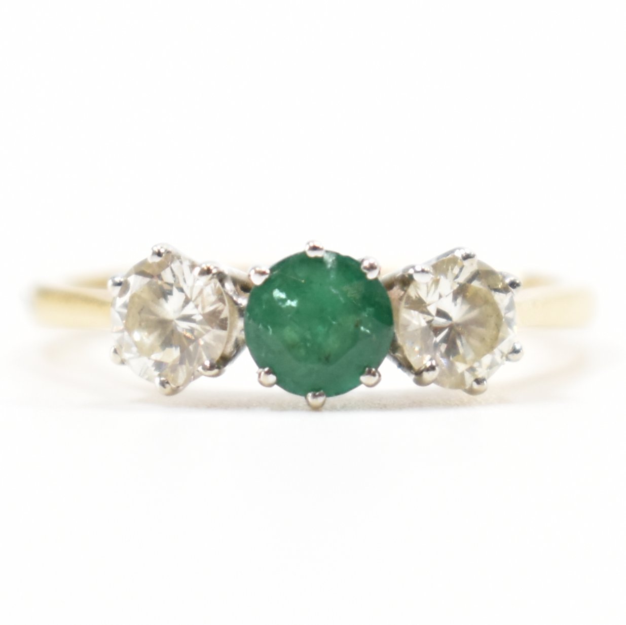 18CT GOLD EMERALD & DIAMOND THREE STONE RING