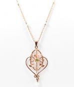 HALLMARKED ART NOUVEAU STYLE GOLD PERIDOT & PEARL PENDANT NECKLACE