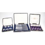 THREE SETS OF CASED SILVER FLATWARE - SPOONS & KNIVES