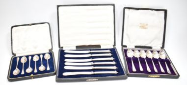 THREE SETS OF CASED SILVER FLATWARE - SPOONS & KNIVES