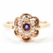 HALLMARKED 9CT GOLD AMETHYST & PEARL CLUSTER RING