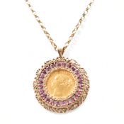 9CT GOLD & RUBY MOUNTED GOLD SOVEREIGN PENDANT NECKLACE