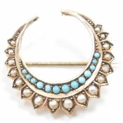 VICTORIAN PEARL & TURQUOISE CRESCENT BROOCH
