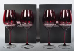 SET OF FOUR JOHN ROCHA FOR WATERFORD CRYSTAL RUBY WINE GLASSES