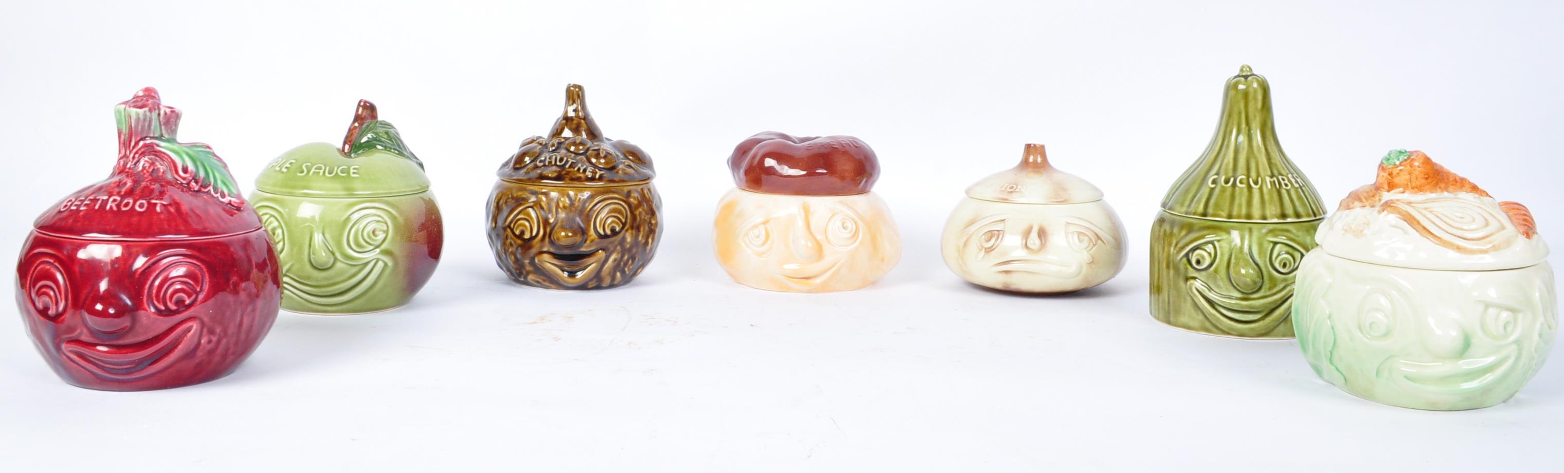 ASSORTMENT OF SEVEN VINTAGE SYLVAC POTTERY CONDIMENT JARS