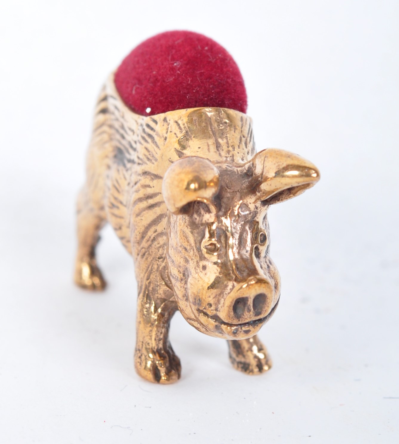 VINTAGE BRASS & VELVET PIG PIN CUSHION - Image 2 of 5