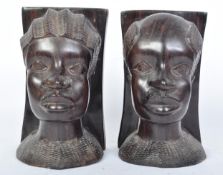 PAIR OF VINTAGE AFRICAN CARVED FRUITWOOD BUST BOOKENDS